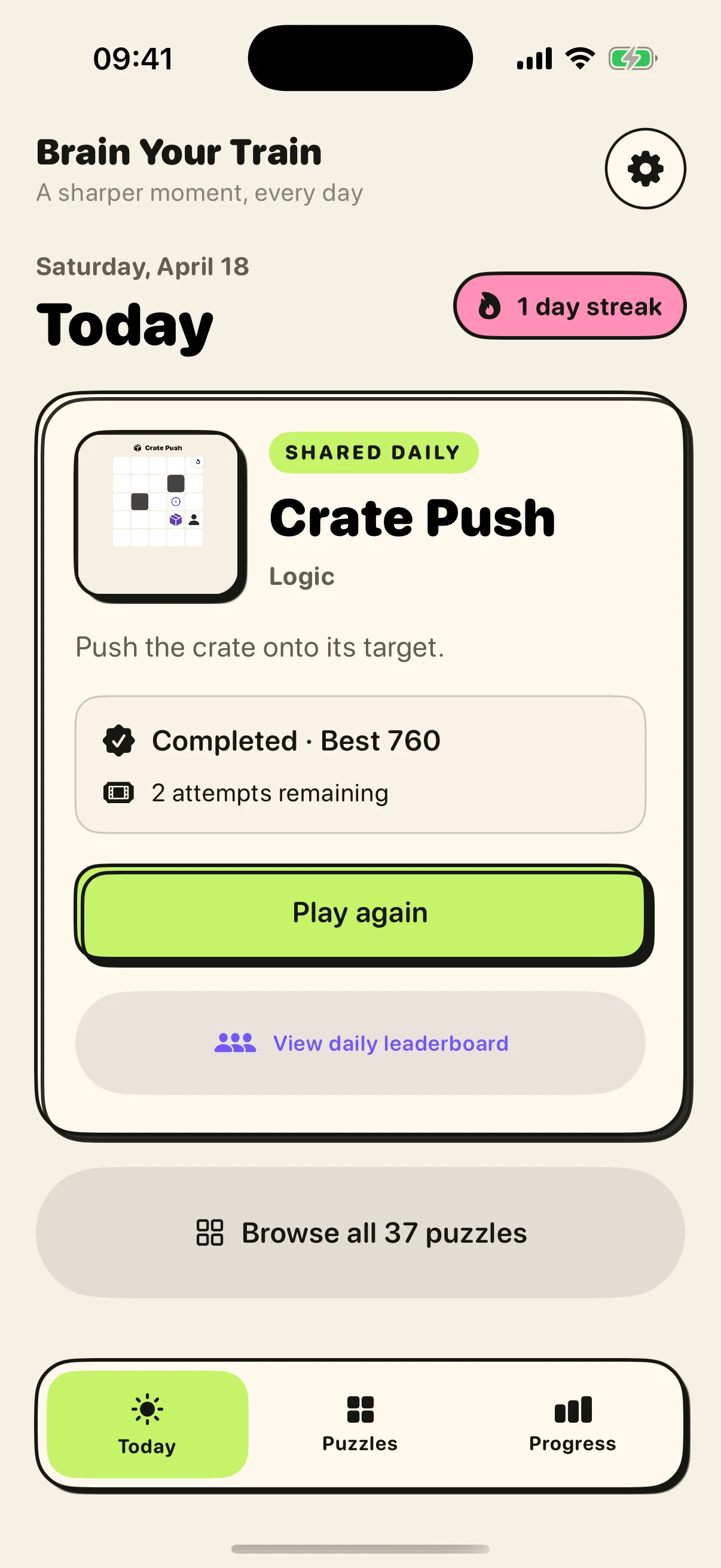 Brain Your Train Today screen with the daily puzzle, a personal best and two attempts remaining.